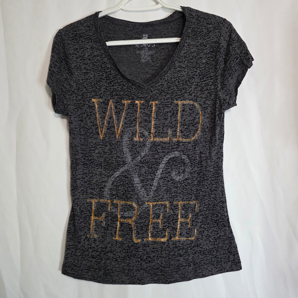 Jerry Leigh Wild & Free Graphic Tee Womens‎ Large Gray Burnout V-Neck Y2K Grunge
